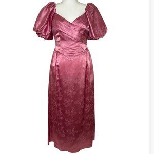 Handmade Vtg Pink Satin Dress Jacquard Maxi Puff 80's Tea or Garden Party Sz M